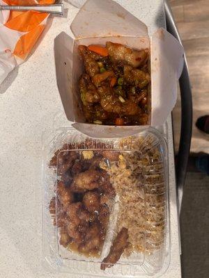 Orange chicken with brown rice and quart of "Szechuan Beef"