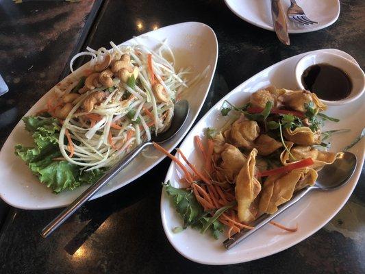 Papaya Salad (left), Crispy Wonton (right)