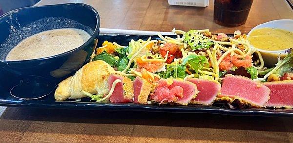 Asian Salad with Almond Crusted Tuna and Wild Mushroom soup. Loved this combo. The soup is a perfect texture.