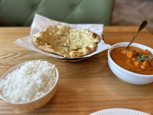 Garlic Naan, white Rice, and Chicken Tikka Masala- amazing!