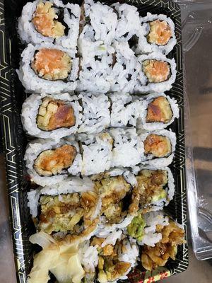 Spicy tuna, spicy salmon , shrimp tempura