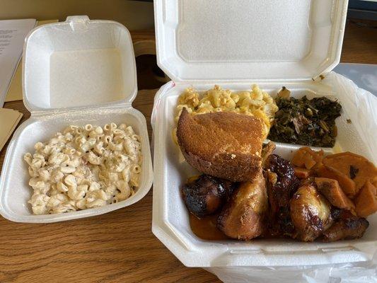 Tuna Mac to the left, Mac and cheese, collard greens, cornbread, BBQ chicken and candies yams. All this for only $12!!!!