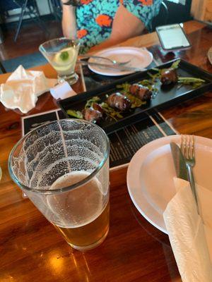 Good craft beer and bacon wrapped dates for an appetizer. Yum.