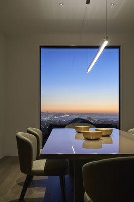 Contemporary dining room with views of San Francisco and Bay Bridge in the Berkeley/Oakland hills.