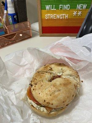 Brilliant Bagel with Chive & Onion cream cheese on an Onion bagel