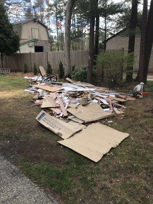 Trash they left for 45 days in my 84yr old mother's yard. Leaving her back yard inaccessible to trucks especially with all the nails left.