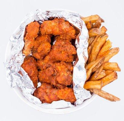 Southern Family Chicken Bucket with hand-cut chips, a honeycomb biscuit and a drink