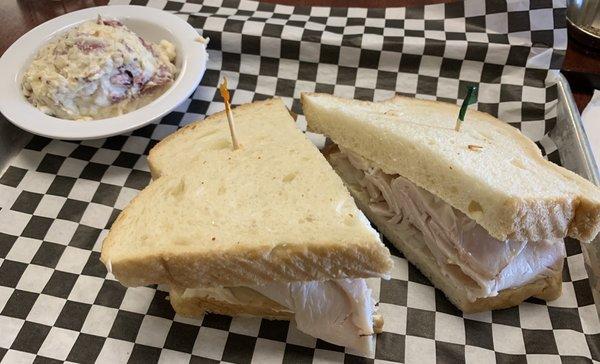 Turkey sandwich (minus tomato and lettuce and mustard) with potato salad