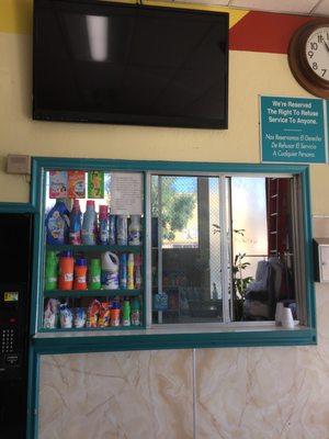 Front desk sells detergent and other laundry supplies