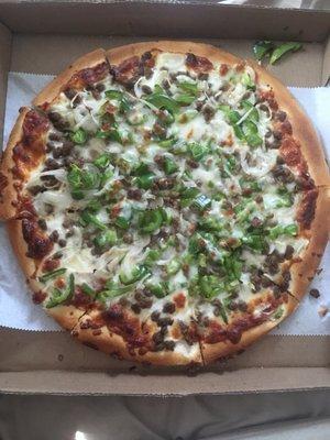 Large pizza with sausage,pepper, and onion