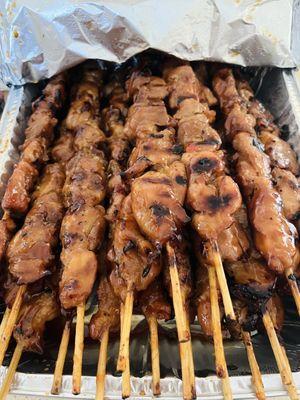 Grilled BBQ Chicken skewers - cutting these in half for family potluck tmw!