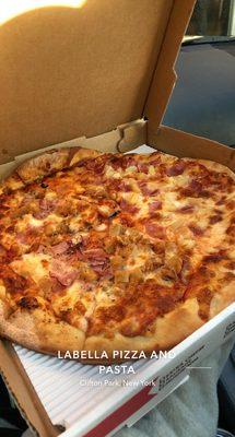 16. Chicken Cordon Bleu Pizza (half) 14. Hawaiian Pizza (half)