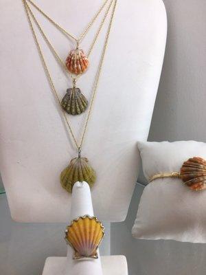 Sunrise shells set in 14k gold. Colors ranging from glowing yellow to deep green.