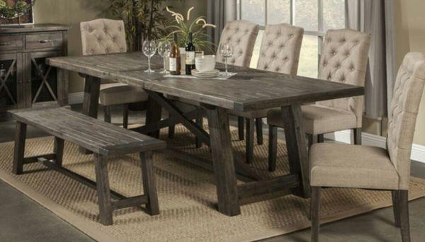 Salvaged dark grey finished dining room with tufted back chairs and bench, 6 pc 1299