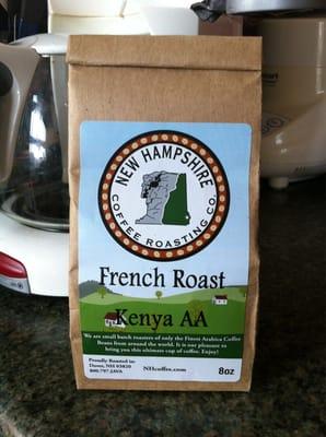 French Roast Kenya, roasted and ground on premises in New Hampshire.