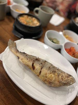 Jogi (yellow corvina)-only eat the white flesh on top half. So tasty. The doengjang stew is worthy to be its own meal.