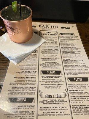 Moscow mule with menu