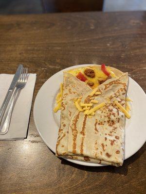 Bacon or Chorizo, Egg, Cheddar, Tomato Crepe