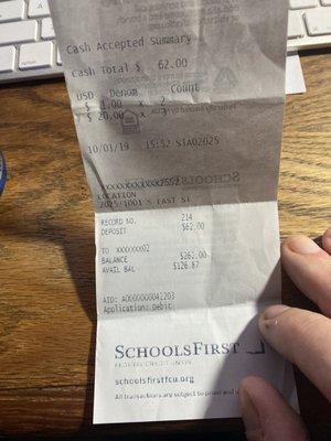 SchoolsFirst FCU ATM Receipt showing proof that this was a cash deposit