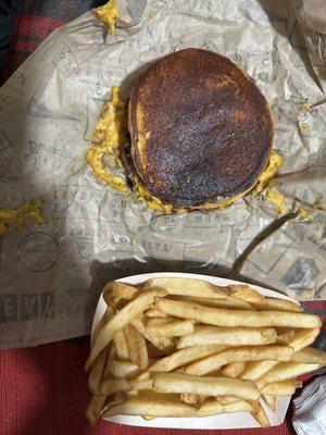 CHEEEESY BURGER , burnt sadly and fries