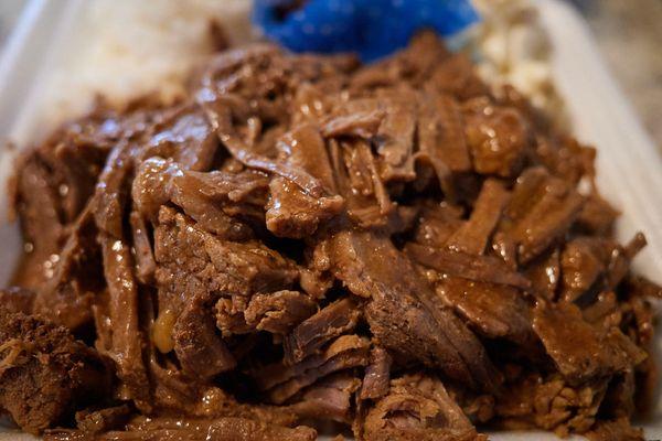 Pot roast (includes rice, mac or salad, fudge brownie) - $10