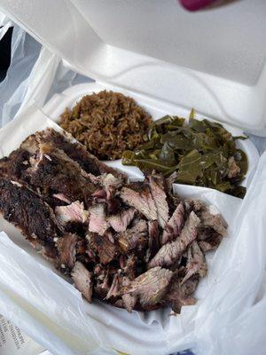 Ribs dinner with Black Rice (Diri Djon Djon) and Collard Greens.