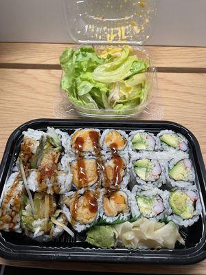 Lunch Special (sweet potato roll, california roll, shrimp tempura roll) with salad $16