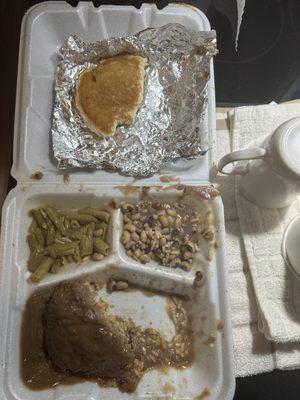 1/2 of Salisbury Steak w/rice and gravy, black eyed peas, green beans, and cornbread