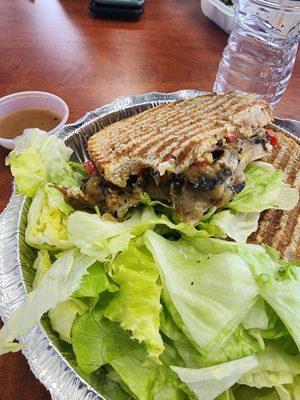 Grilled eggplant panini with a side salad