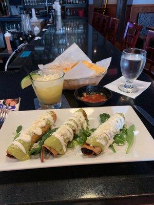 Flautas de Pollo** and a spicy margarita