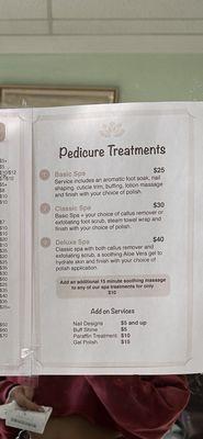 Pedicure and add on's price list