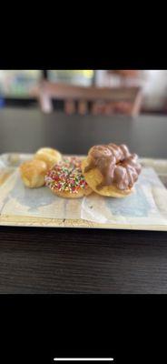 Chocolate French Cruller, Chocolate with Rainbow Sprinkles Cake, donut holes