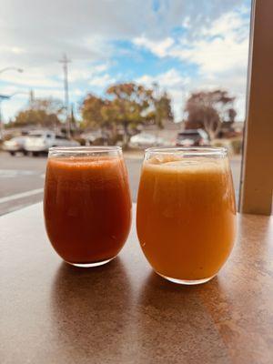 Fresh carrot juice and apple/orange juice