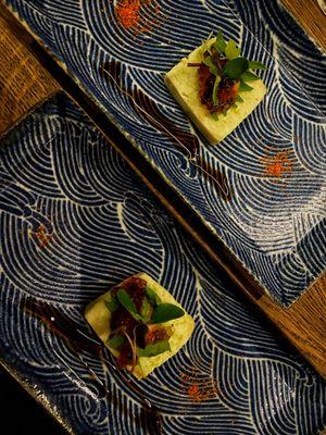 Edamame tofu with uni and ponzu jelly