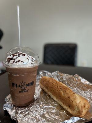 Triple Chocolate Mocha blended drink & Beef Bagel Dog