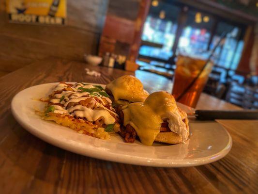 Classic "Eggs Benny's" with loaded (and refrigerator-cold) inedible hash browns.