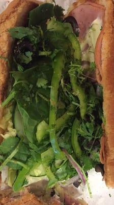 I love green veggies on my sandwich topped with olives and onions. Jake did a great job piling them nearly!