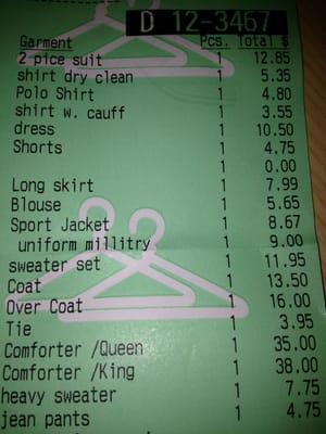 Dry cleaning price list (household items additional 20% off)