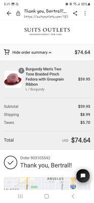 This is a picture of the hat I ordered from suits outlets.