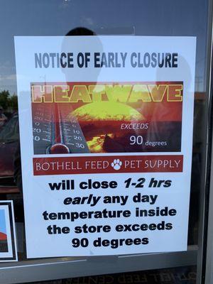 Summer of 2023, closes early during heatwaves sign.