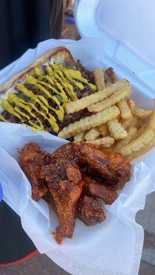 " PLAYER Box " 
Pastrami Sandwich 
6 wings "Fully Loaded"
& 
Cajun Fries