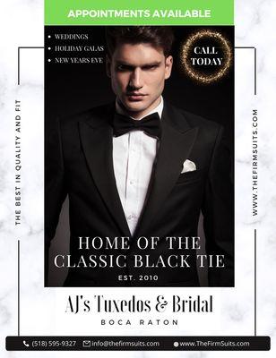 AJs Tuxedos & Formalwear is Boca Raton's home for the Classic Black Tie. Book your free consultation today.