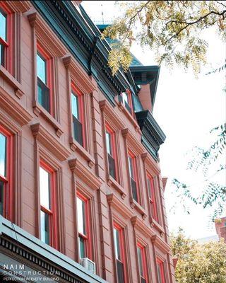 Brownstone Facade Restoration, New Window Installation, Preserving Existing Cornice, Restoration Of Mansard Roof With New England Slate.