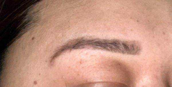 Sooo short where my brow starts, bald spots at the bottom and bald at the arch...