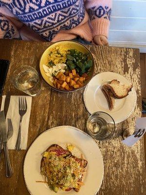 Gluten free avocado toast and egg wrap but in a bowl with side of gf toast - SO GOOD