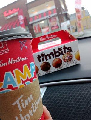 Dark roast coffee and Timbits