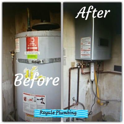 Replacing a water heater with a tankless water heater and built in circulation pump.