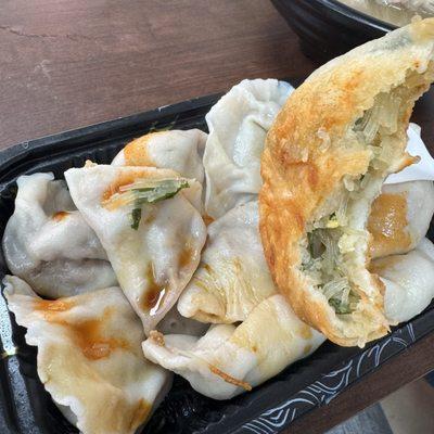 Chive pancakes and steamed dumplings