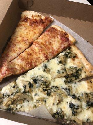 Cheese Pizza and Spinach and Artishoke with Cream Sauce Pizza