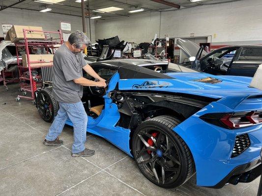 Master Technician Gerardo Moreno getting into this 2022 Corvette Stingray in July 22